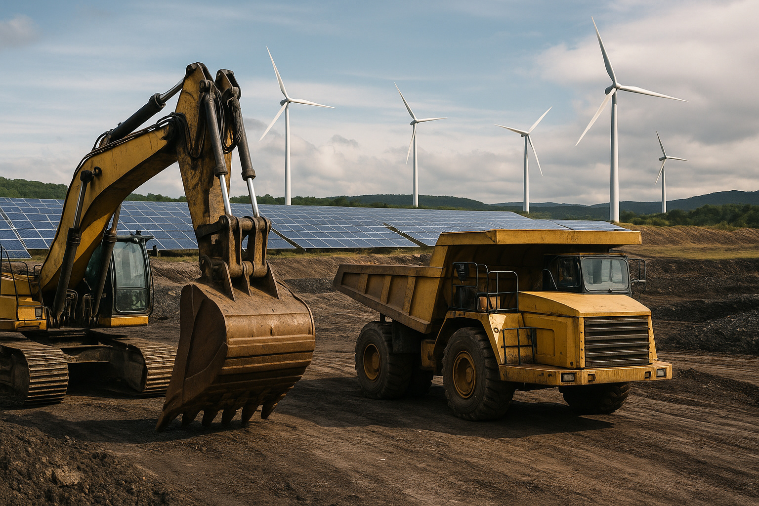 Mineração sustentável no Brasil com escavadeira elétrica, caminhão de transporte e painéis solares ao lado de turbinas eólicas durante o dia.