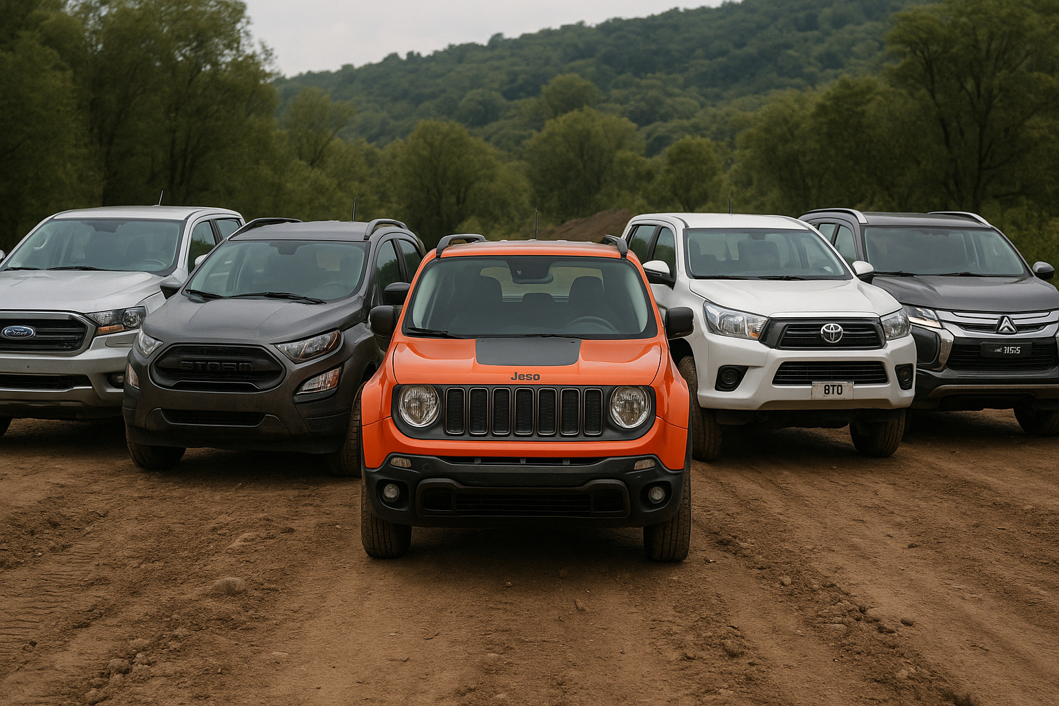 Cinco carros 4x4 usados — Jeep Renegade, Ford EcoSport Storm, Ford Ranger, Toyota Hilux e Mitsubishi Pajero Sport — alinhados em trilha de terra, prontos para aventuras off-road.