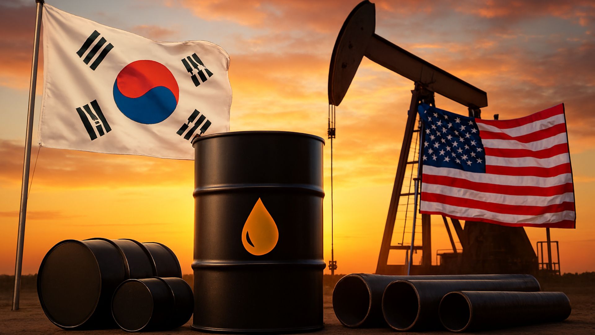 Imagem realista mostrando barris de petróleo, tubulações e uma bomba de extração ao pôr do sol, com as bandeiras da Coreia do Sul e dos Estados Unidos ao fundo, simbolizando parceria energética.