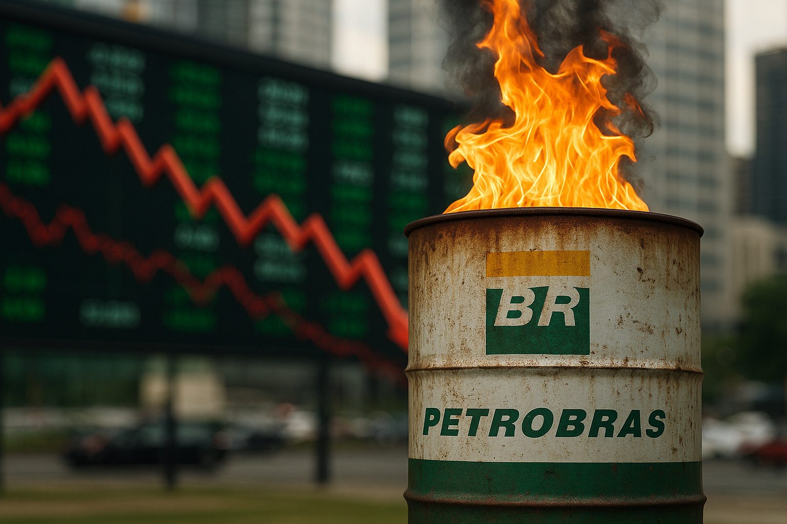 Barril da Petrobras em chamas com gráfico de ações em queda ao fundo