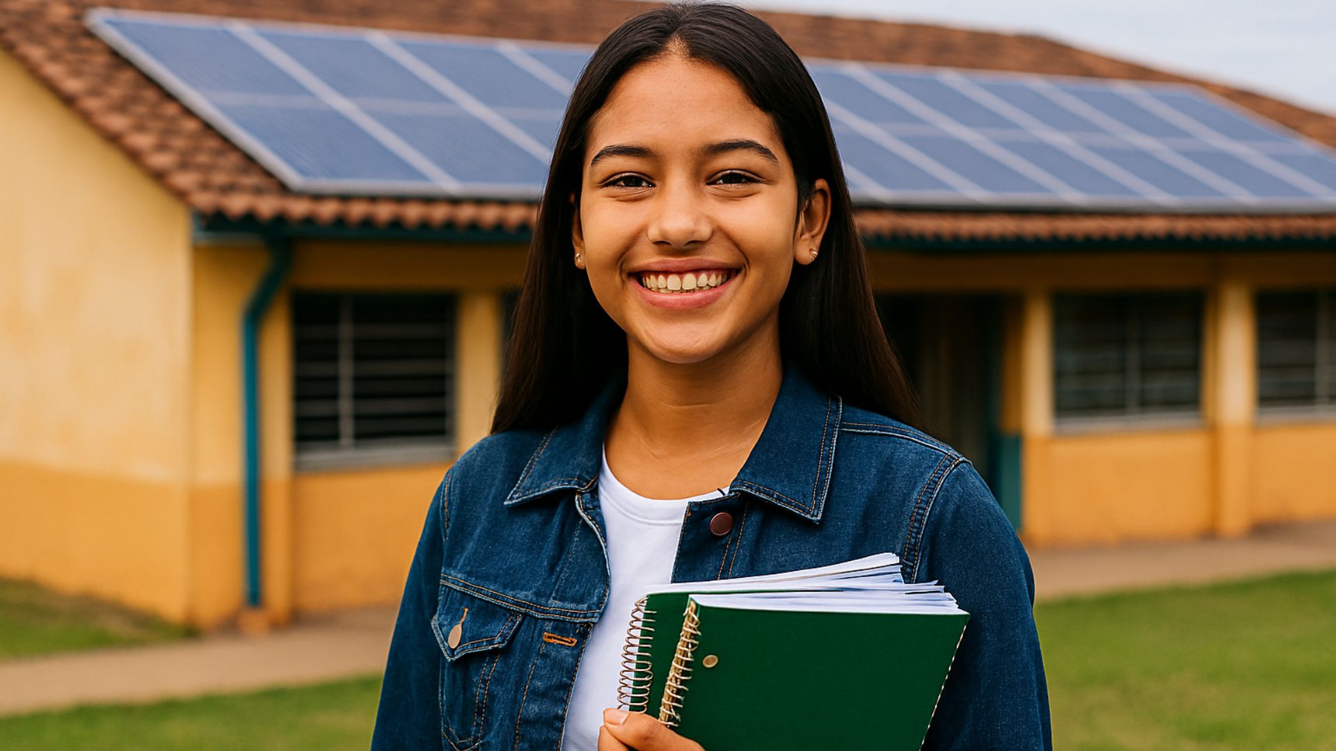 Adolescente sorrindo com livros na mão em frente a escola pública brasileira com painéis solares no telhado.