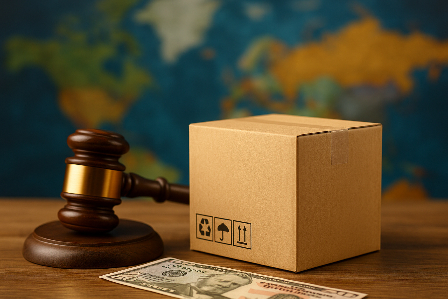 Pacote de encomenda internacional ao lado de martelo jurídico e nota de 50 dólares simbolizando a proposta da Câmara que isenta o imposto de importação até 50 dólares.