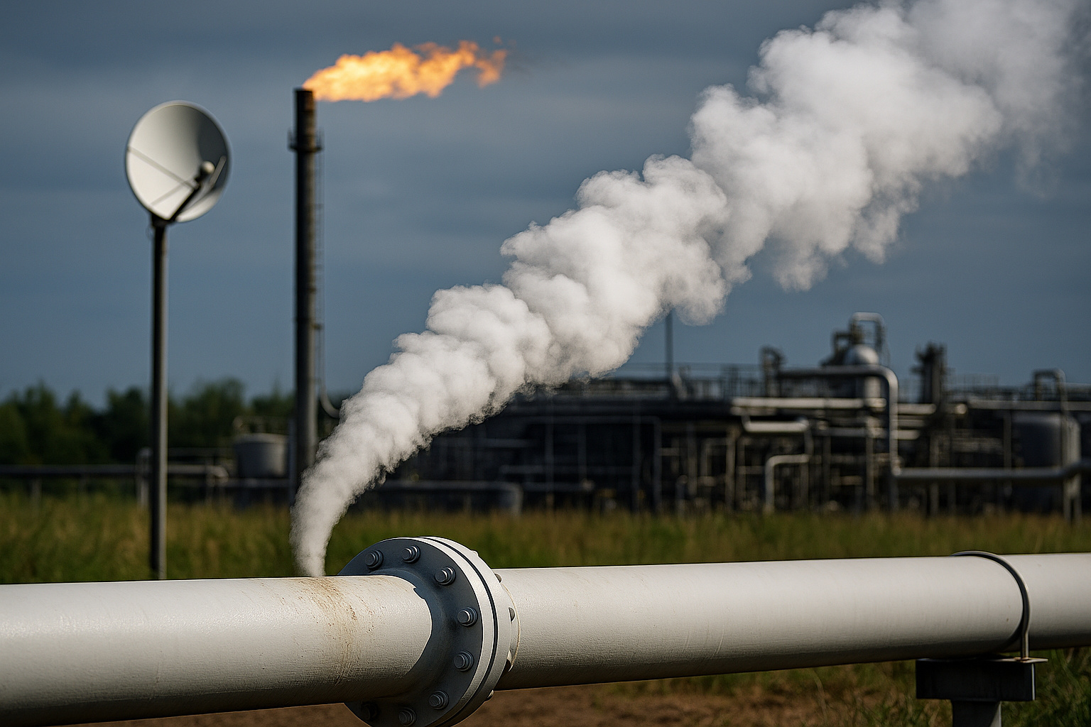 Satélite monitora grande vazamento de metano em instalação de petróleo, com fumaça branca subindo e atmosfera aquecida, simbolizando o alerta da ONU antes da COP30.