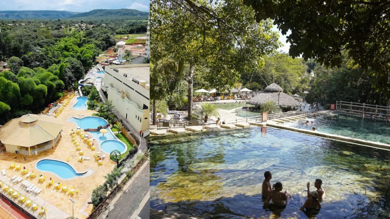 Piscinas termais exteriores em Caldas Novas mostram a força do turismo em águas naturais quentes da maior estância hidrotermal do mundo. (Imagem: Guiaviajarmelhor)