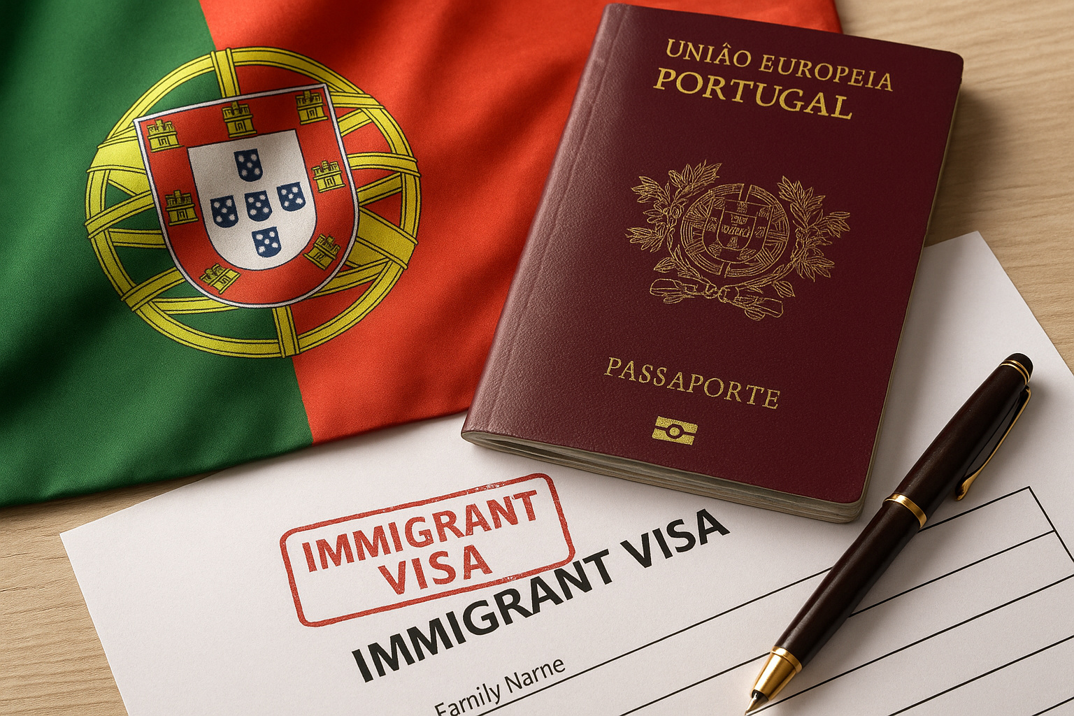 Passaporte português sobre formulário de visto de imigração e bandeira de Portugal, simbolizando a nova lei de imigração promulgada em 2025