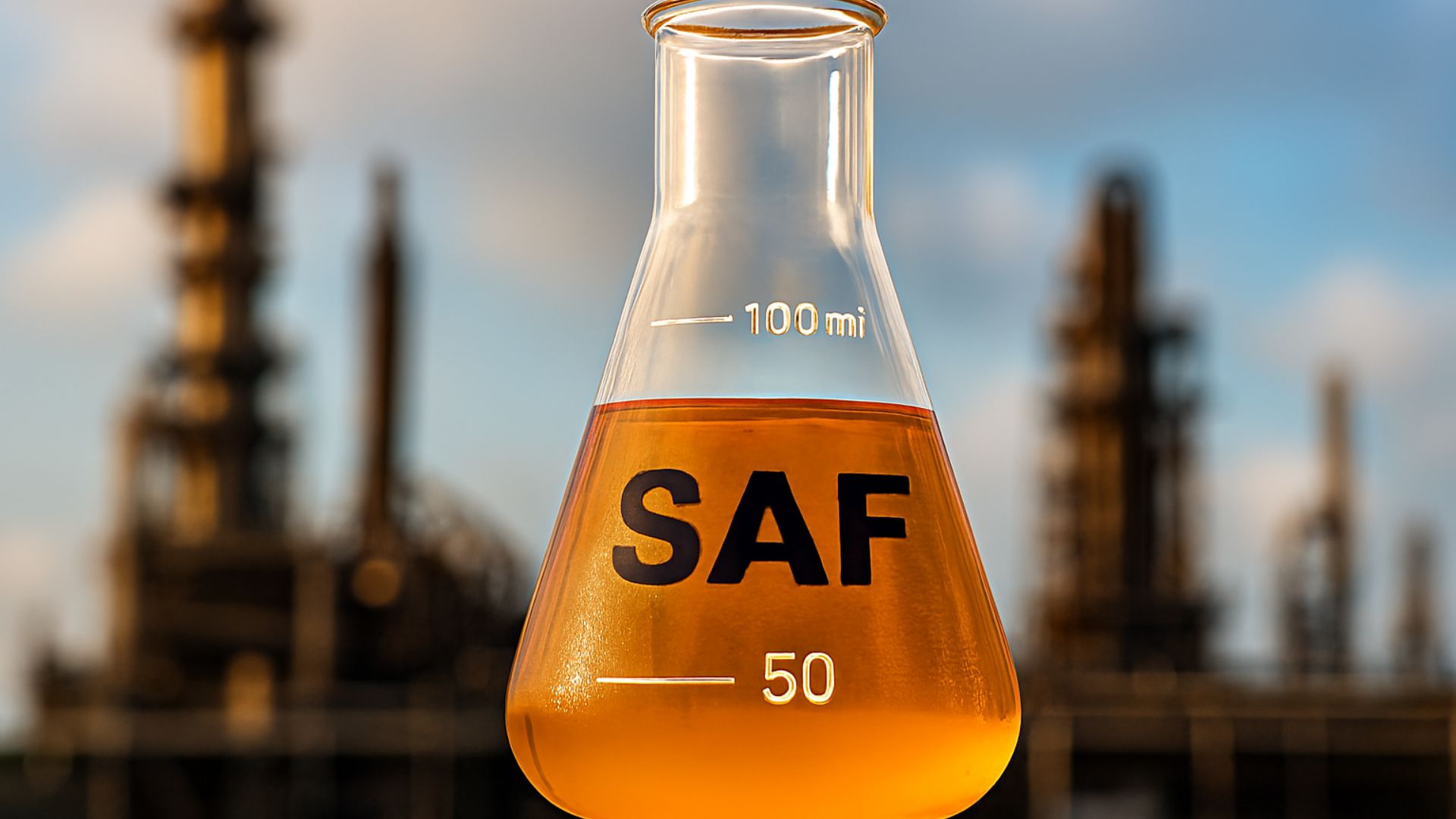 Frasco de combustível sustentável SAF em destaque com refinaria desfocada ao fundo, representando inovação energética.