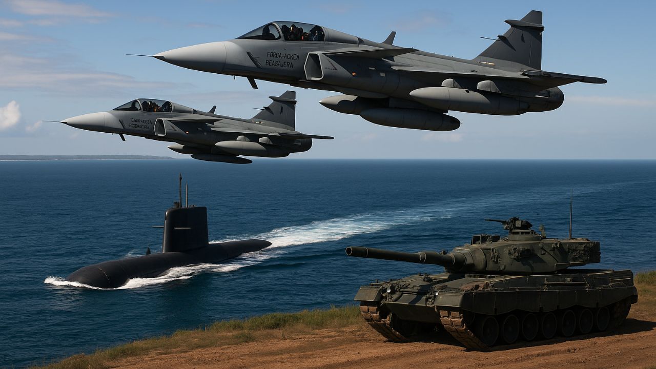 Com R$ 30 bilhões extras, Forças Armadas priorizam caças Gripen, submarino nuclear e mísseis modernos em plano estratégico até 2032.