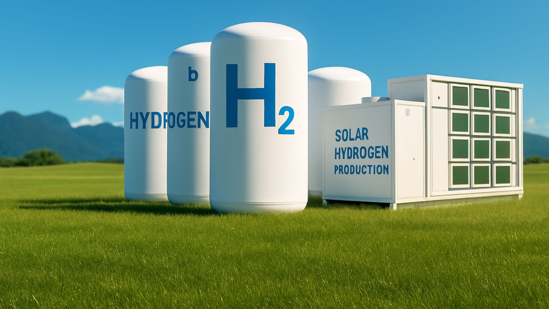 Instalação de produção de hidrogênio verde com tanques modulares e unidade de geração em campo aberto sob céu azul, representando inovação em energia limpa e sustentabilidade.