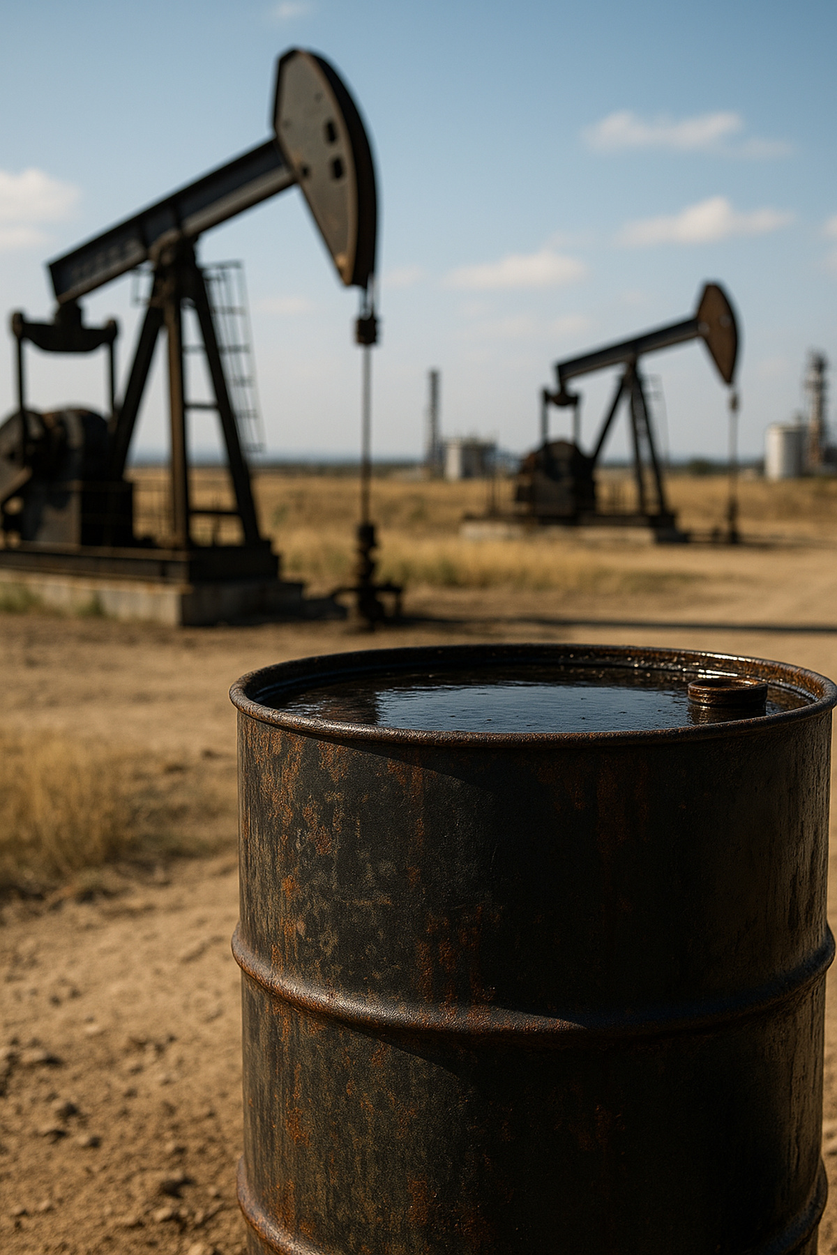 Barril de petróleo em campo de extração, representando os 159 litros que movem a economia global em 2025.