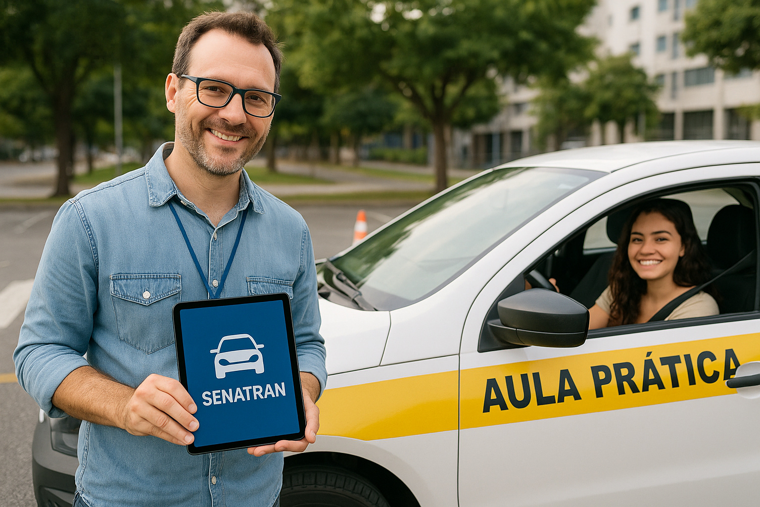Instrutor autônomo de trânsito credenciado pela Senatran orienta aluna durante aula prática para CNH.