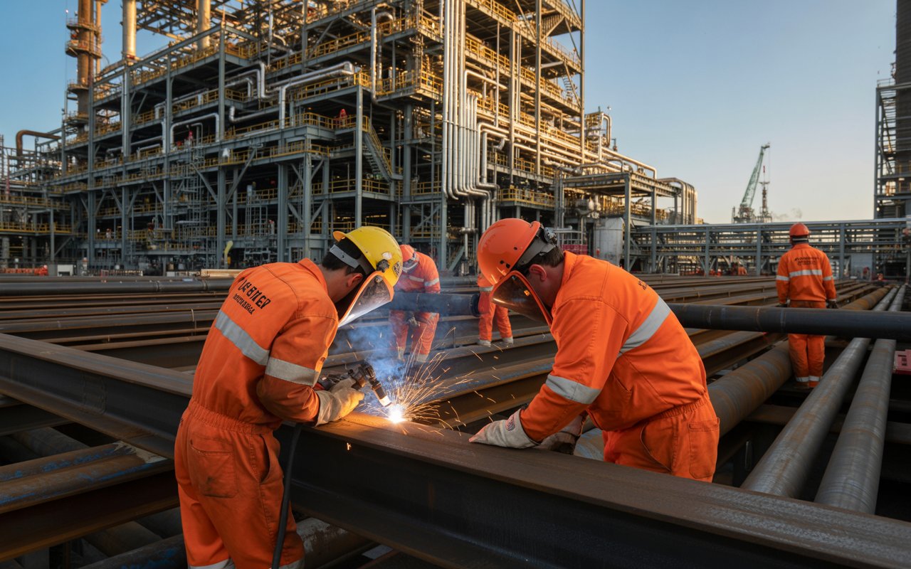 Trabalhadores uniformizados em obra de indústria metalmecânica e refinaria com estruturas metálicas e guindastes ao fundo.