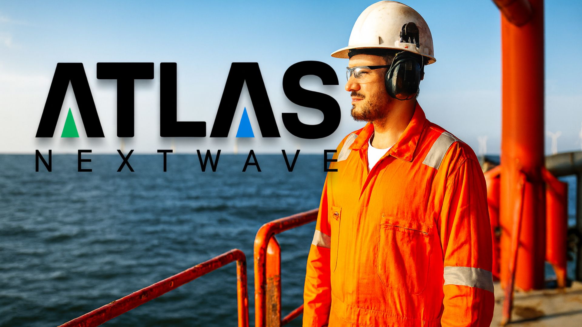 Trabalhador offshore usando macacão laranja e equipamentos de segurança em uma embarcação, com o mar ao fundo e o logotipo da Atlas Nextwave em destaque
