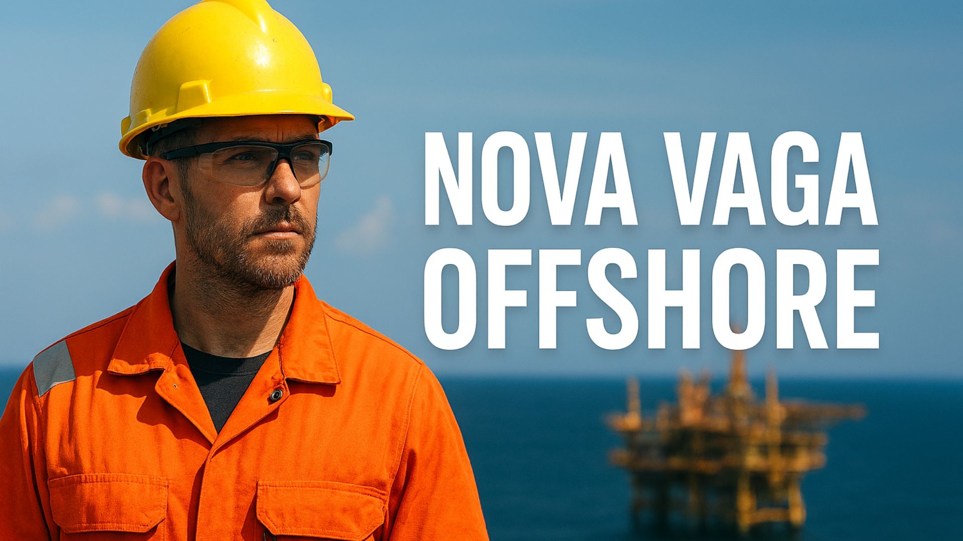 Trabalhador offshore com capacete e uniforme de segurança em frente a uma plataforma marítima, com a frase “nova vaga offshore” em destaque.
