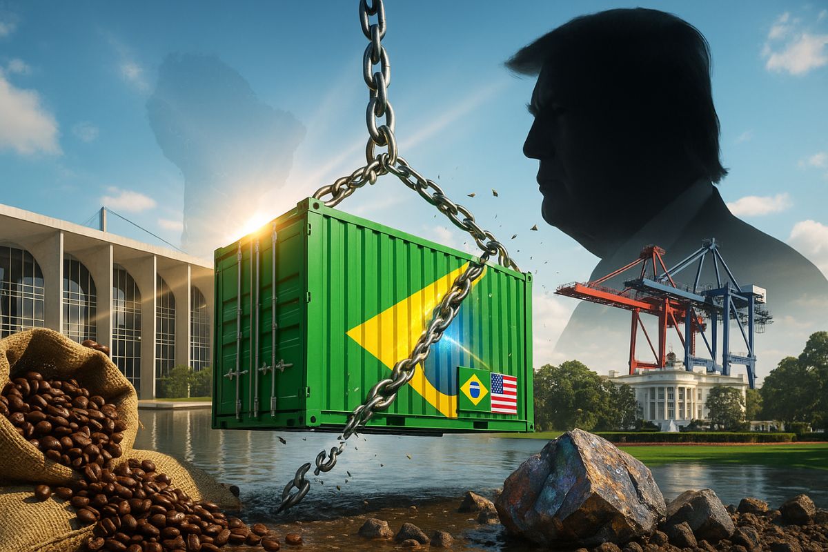 Brasil tenta suspender sobretaxa de 50% nas exportações com apoio de Lula e negociação com Trump envolvendo café, terras raras e estabilidade regional.