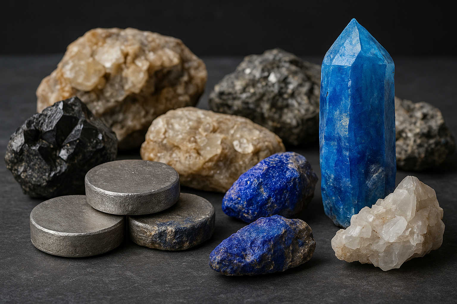 Amostras de minerais e metais estratégicos, incluindo elementos usados na cadeia das terras raras, dispostos sobre superfície escura.