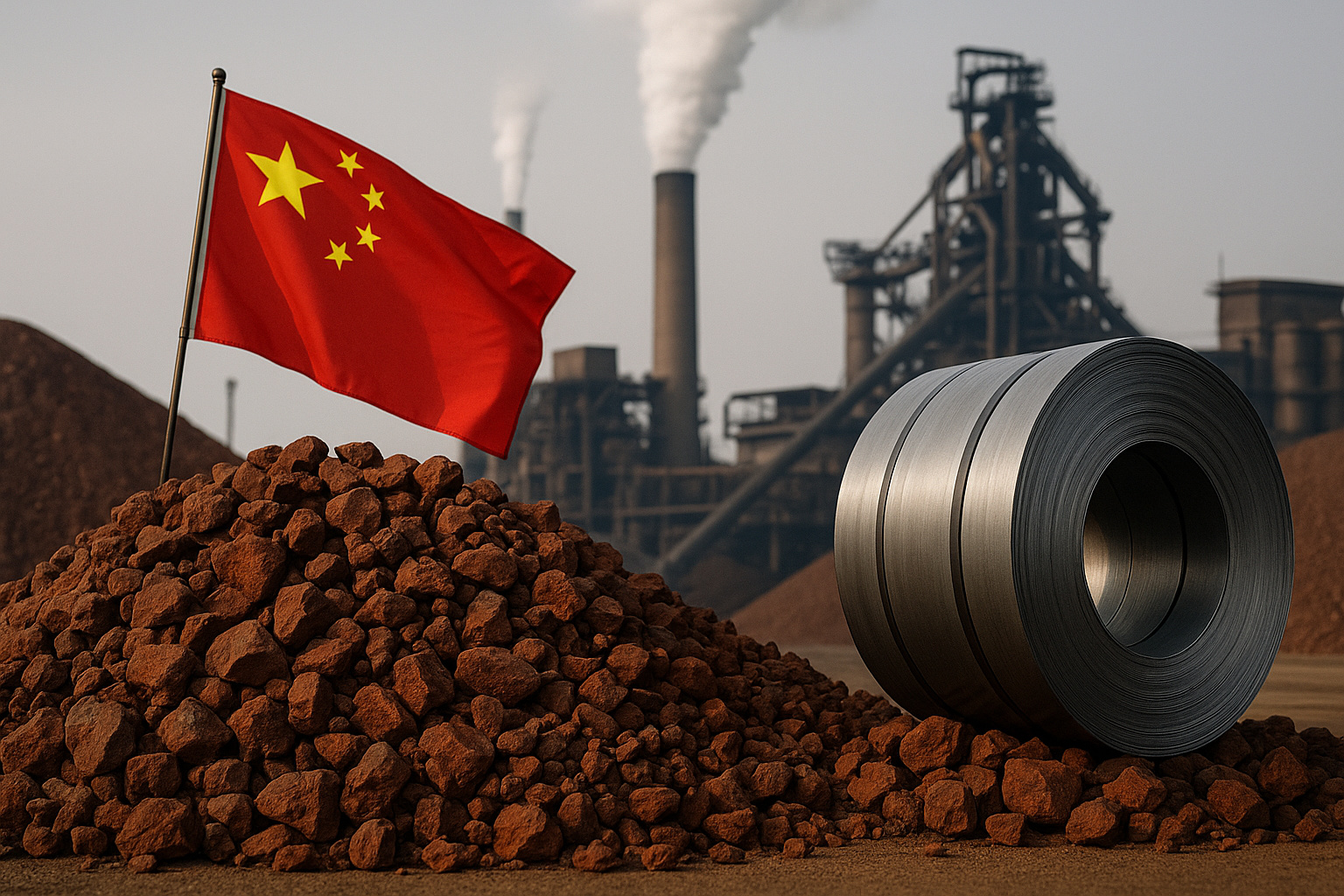 Montanha de minério de ferro ao lado de bobina de aço com bandeira da China em siderúrgica, ilustrando a oscilação do mercado e a redução da produção chinesa.