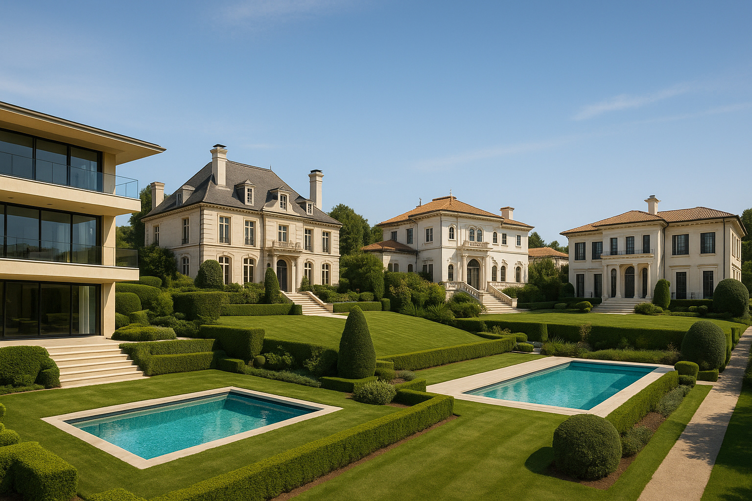 Conjunto de mansões de luxo com jardins e piscinas, representando imóveis milionários encalhados no mercado imobiliário brasileiro.