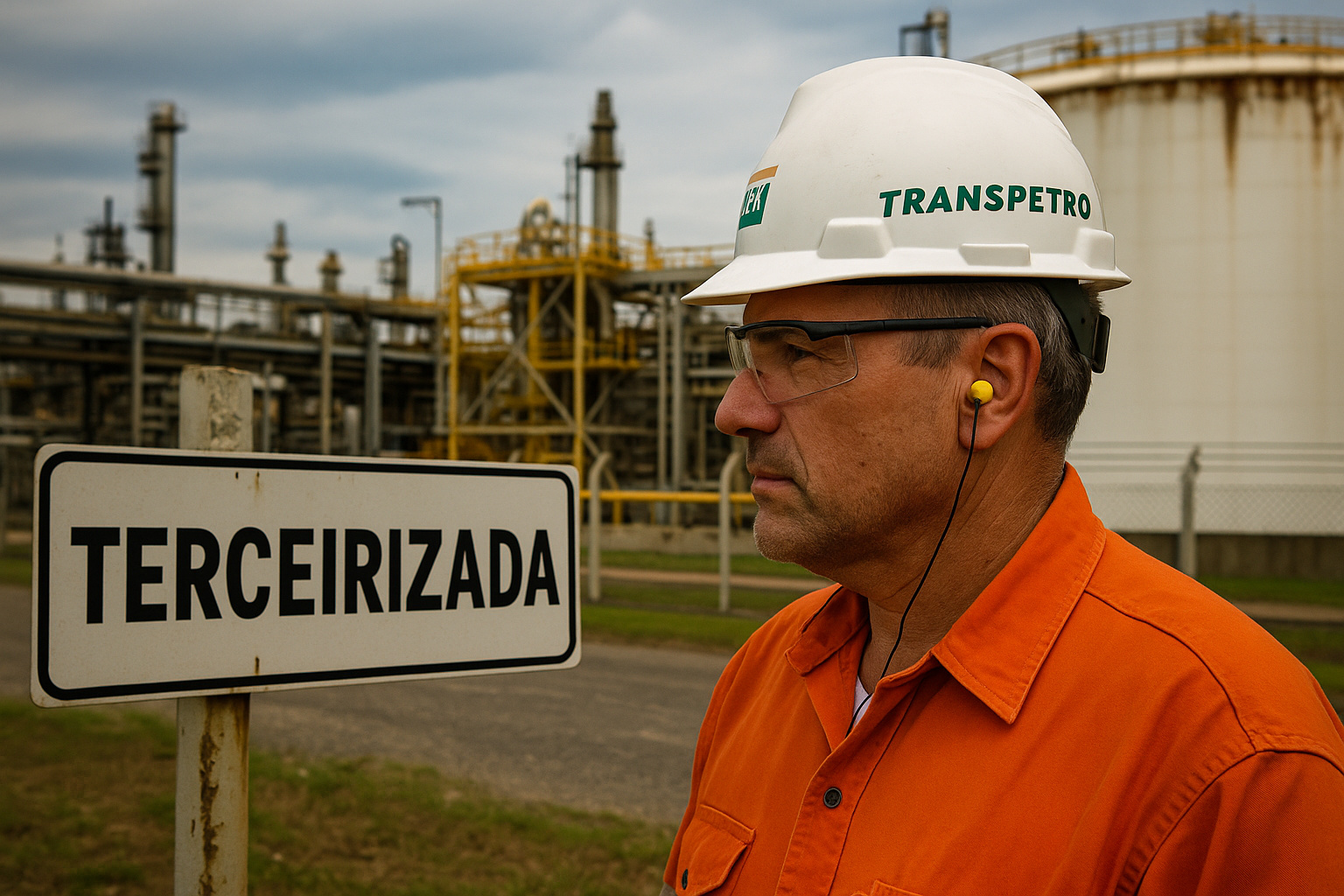 Trabalhador terceirizado da Transpetro em área industrial, ao lado de placa com indicação de terceirização e estruturas operacionais ao fundo.