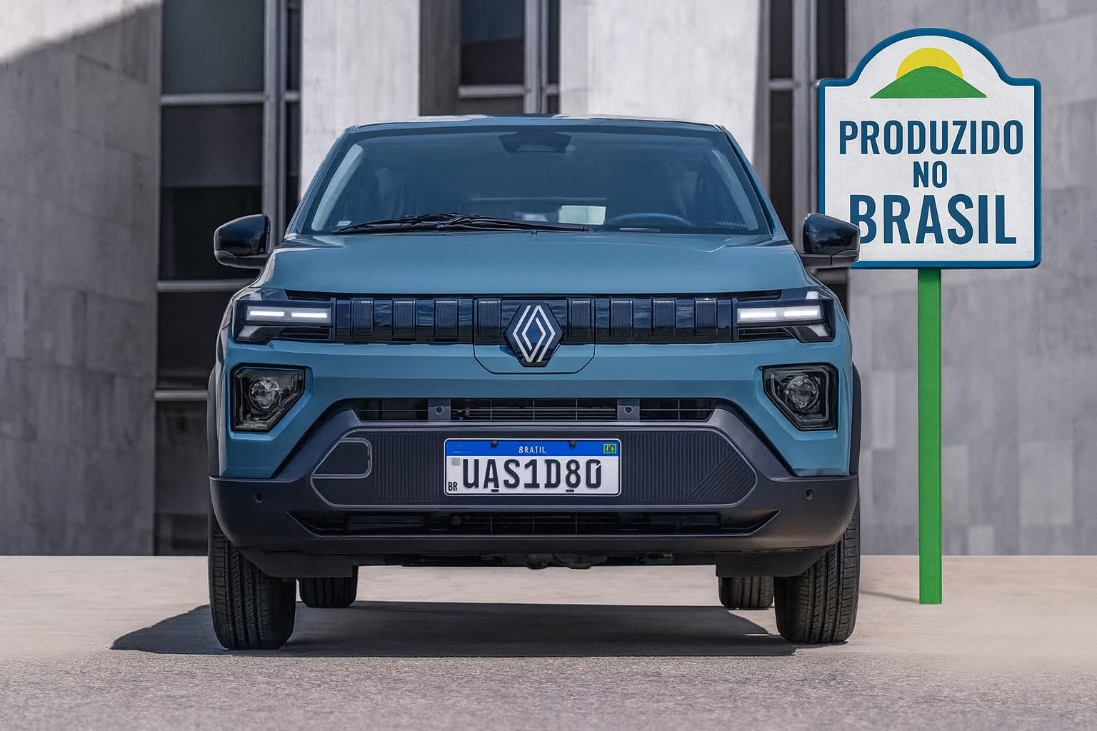 Renault Kwid 2027 com design renovado inspirado no E-Tech ao lado de placa “Produzido no Brasil”.