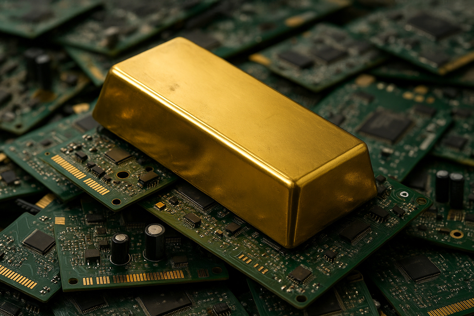 Lingote de ouro apoiado sobre placas de circuito eletrônico, ilustrando o processo sustentável de extração de ouro a partir de lixo eletrônico.