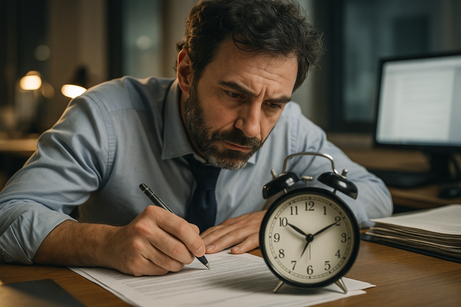 Trabalhador argentino exausto em escritório durante jornada prolongada, simbolizando a proposta de 12 horas diárias anunciada por Javier Milei em 2025.