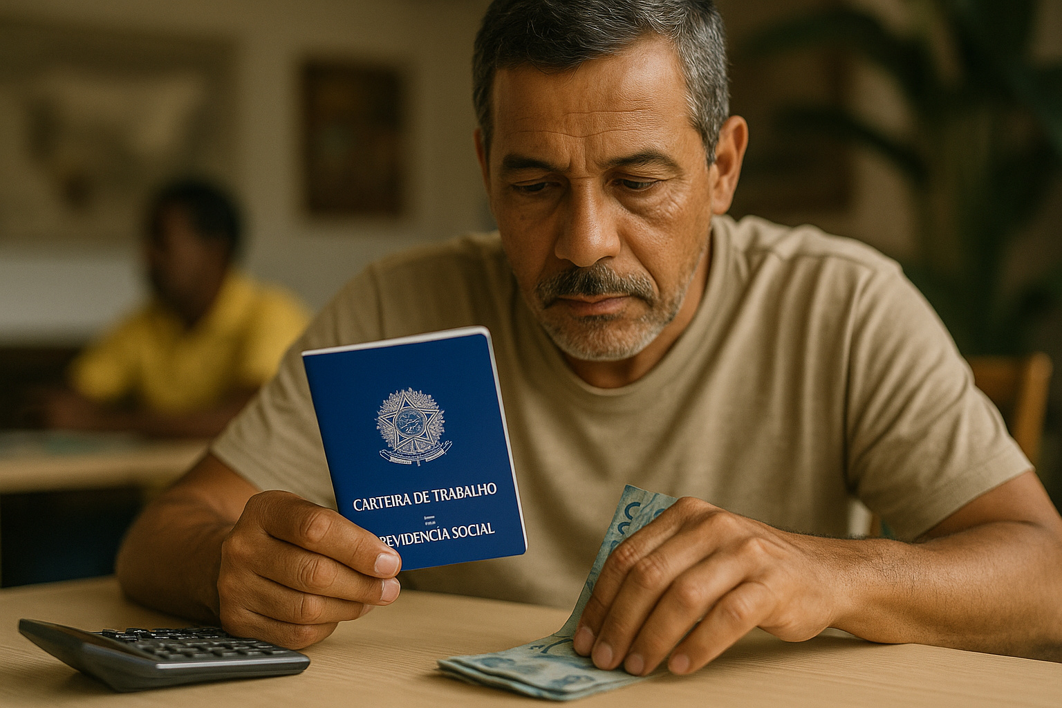 Homem segurando carteira de trabalho brasileira enquanto conta dinheiro, representando a diferença de renda entre autônomos e trabalhadores CLT em 2025.