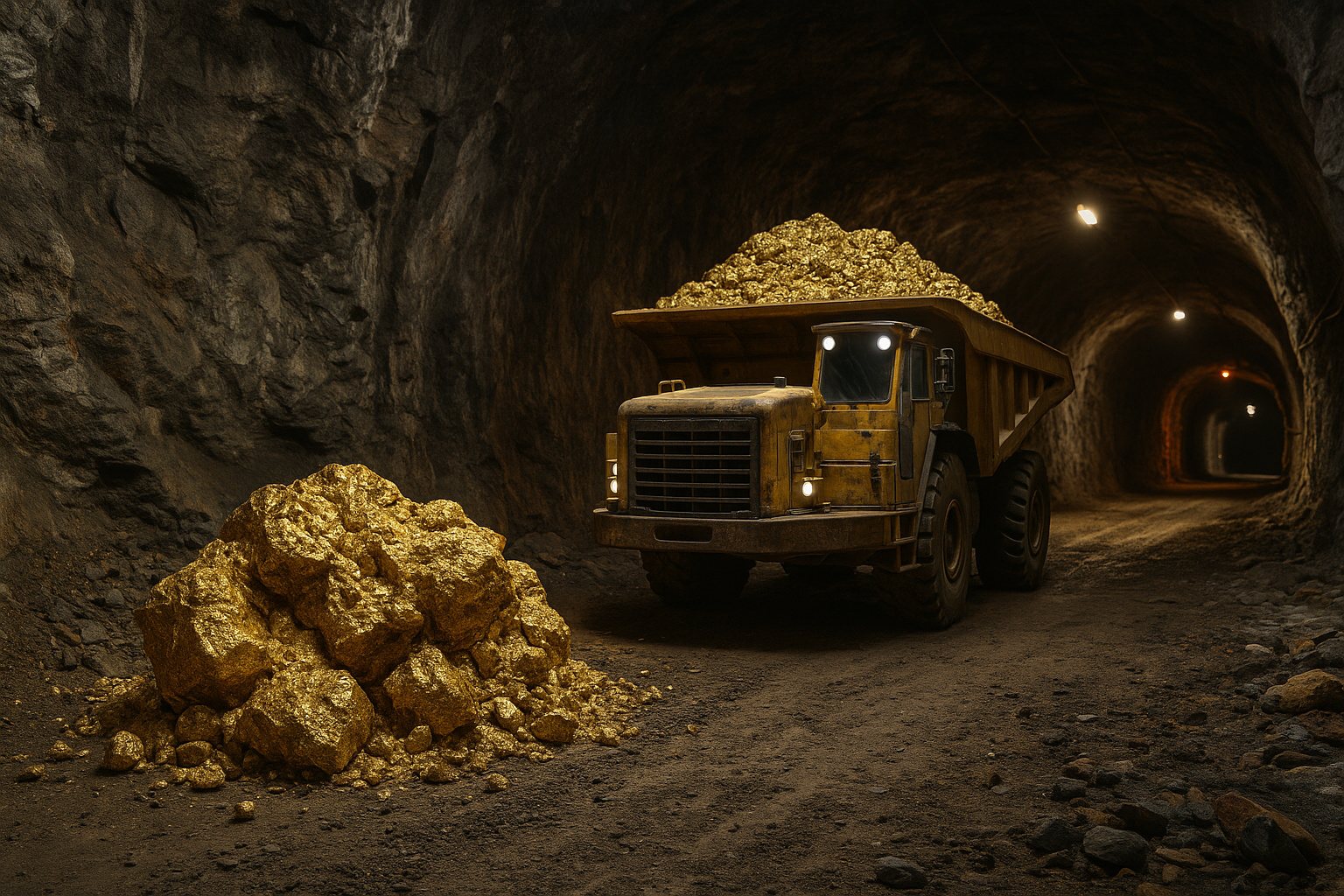 Caminhão de mineração carregado com ouro dentro de túnel subterrâneo, representando a operação de um megacomplexo aurífero moderno.