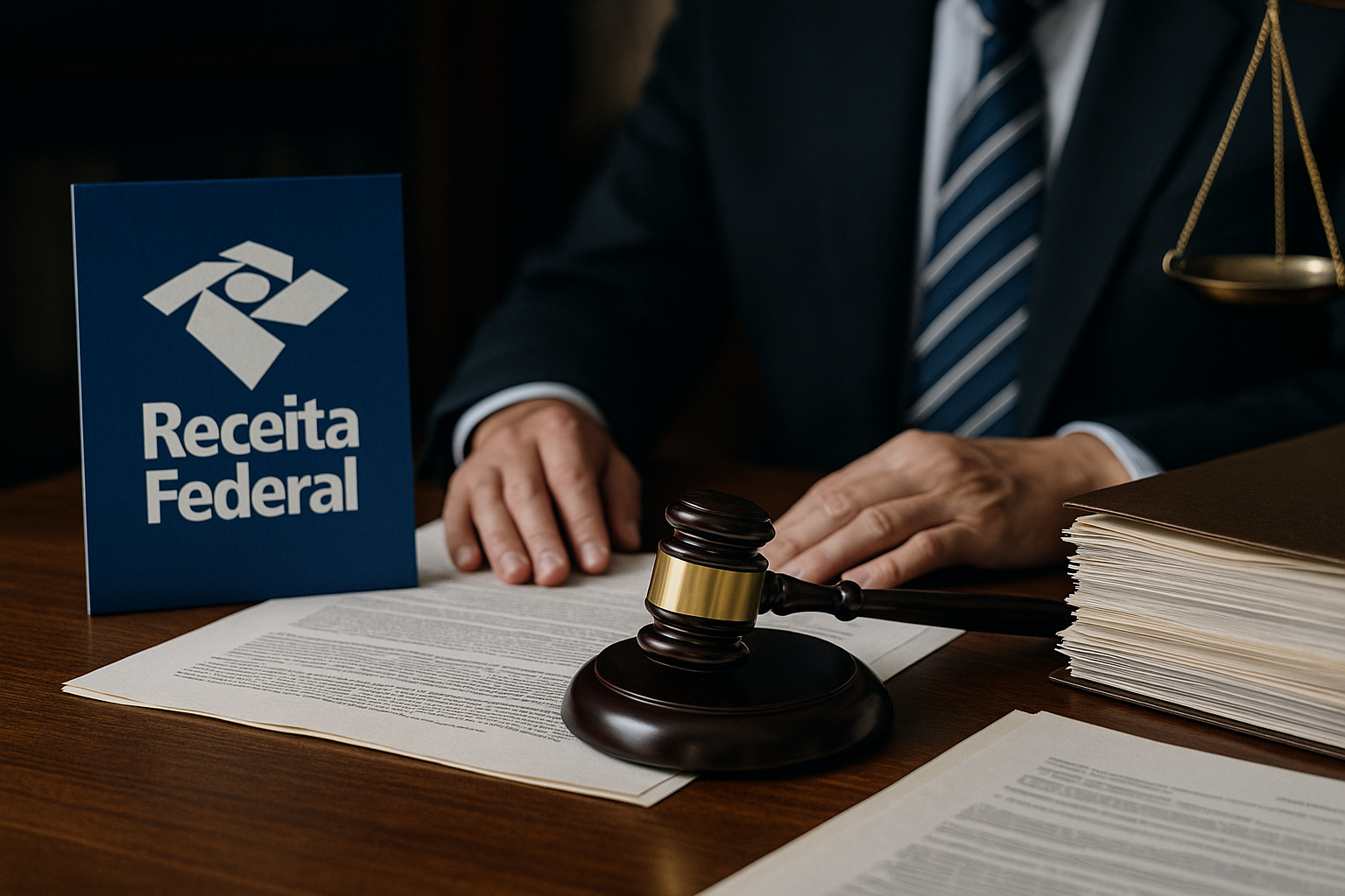 Cena realista de documentos da Receita Federal ao lado de martelo jurídico e balança, simbolizando o conflito com o Tema 1.182 do STJ sobre incentivos de ICMS.