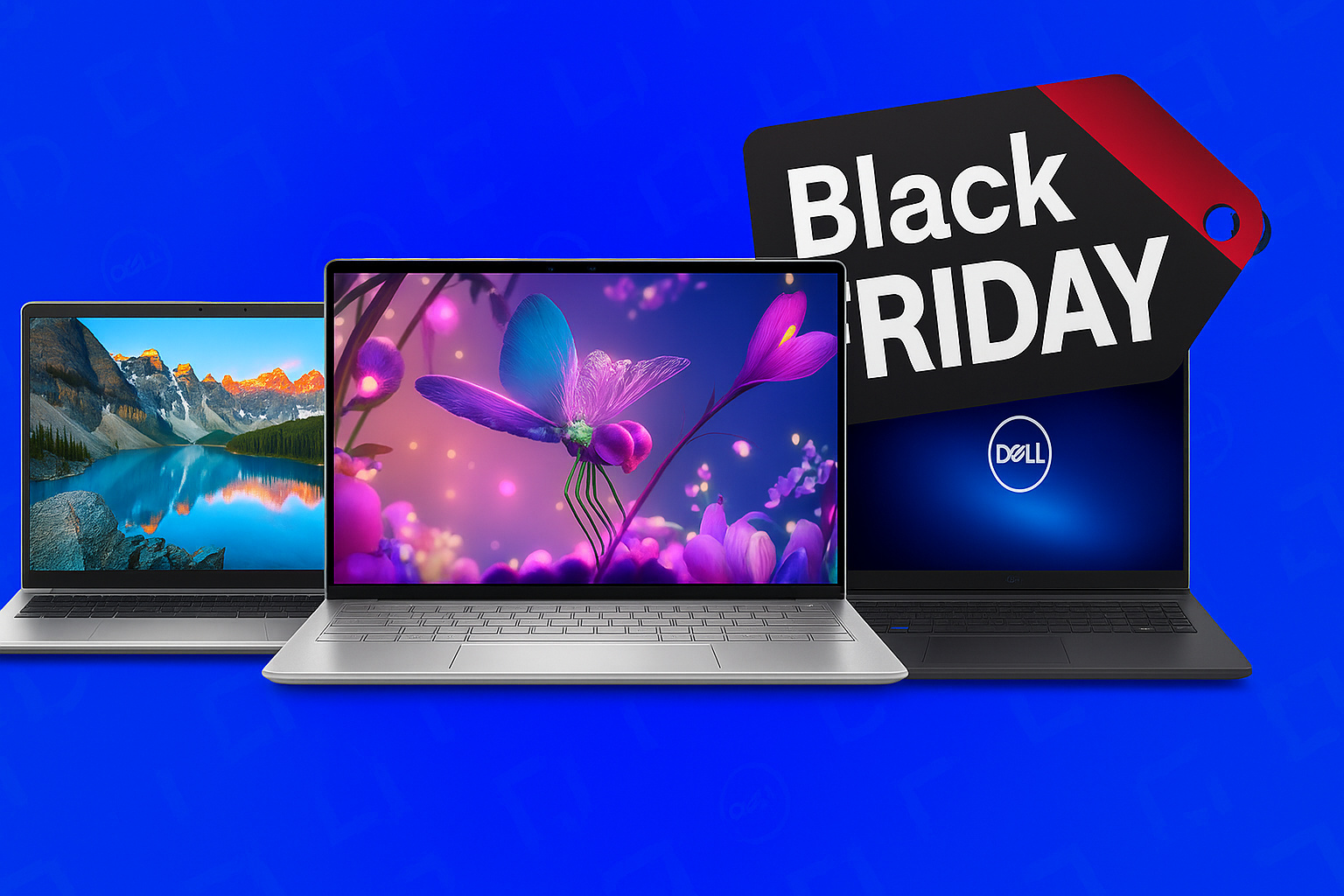 Três notebooks Dell exibidos lado a lado com destaque para o selo Black Friday, representando as ofertas dos melhores modelos de 2025.