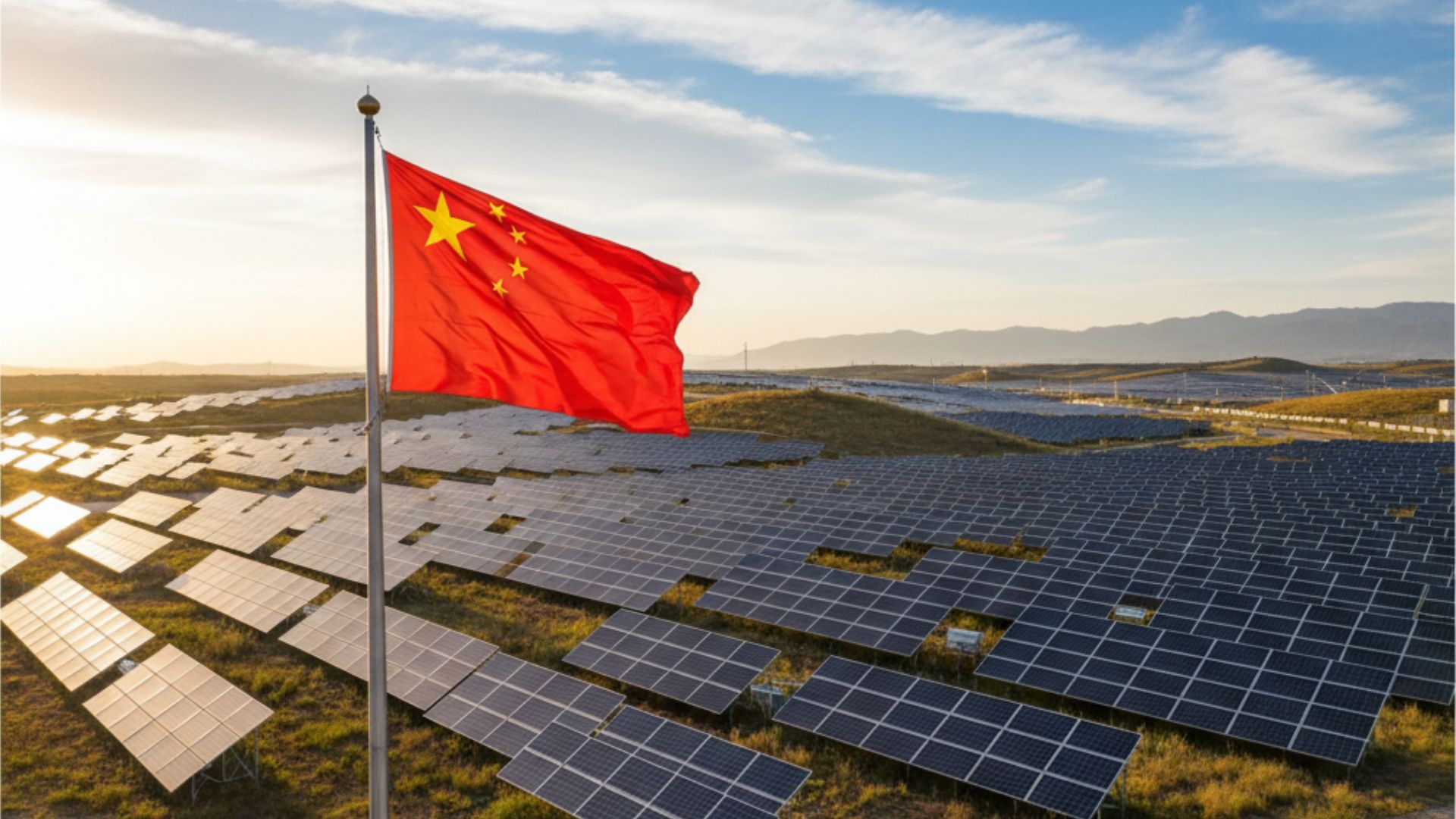 Parque solar em uma paisagem montanhosa com a bandeira da China ao centro, sob céu parcialmente nublado durante o pôr do sol.