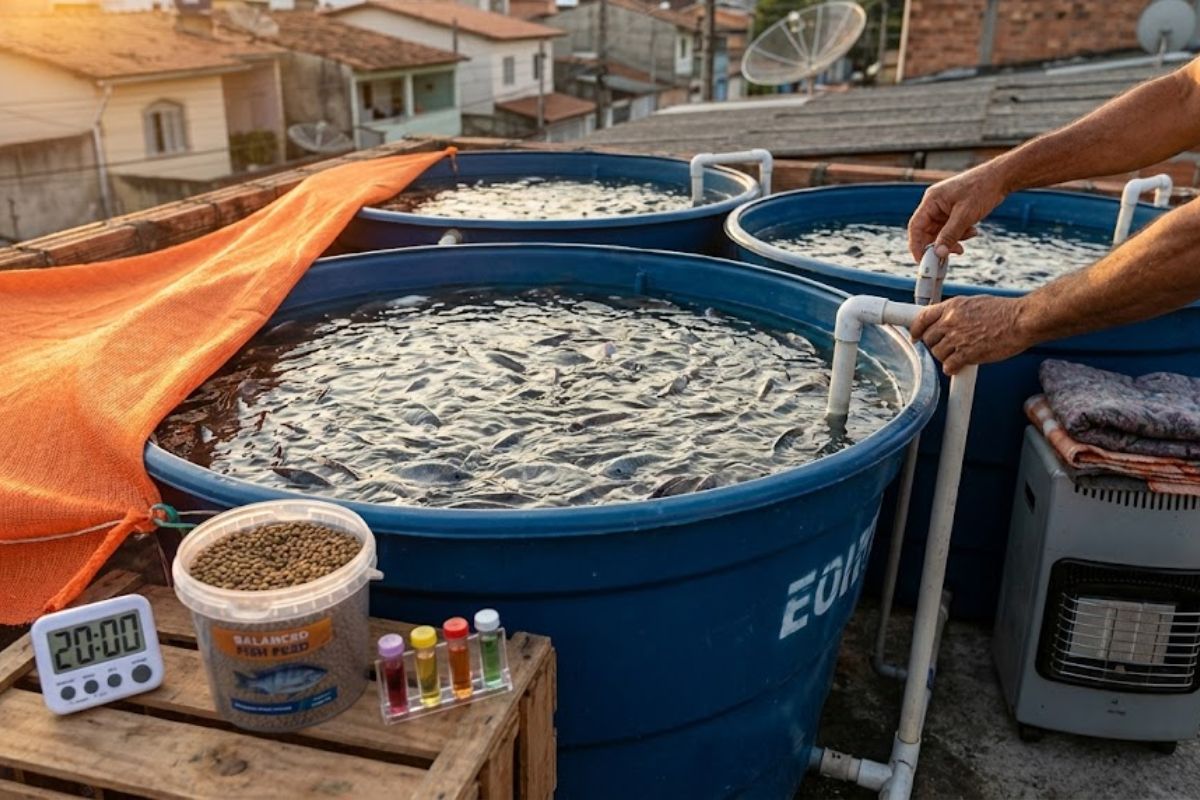 Criação de peixes em caixa d'água com tilápias, água sem cloro, temperatura da água ideal e aquaponia simples para iniciantes.