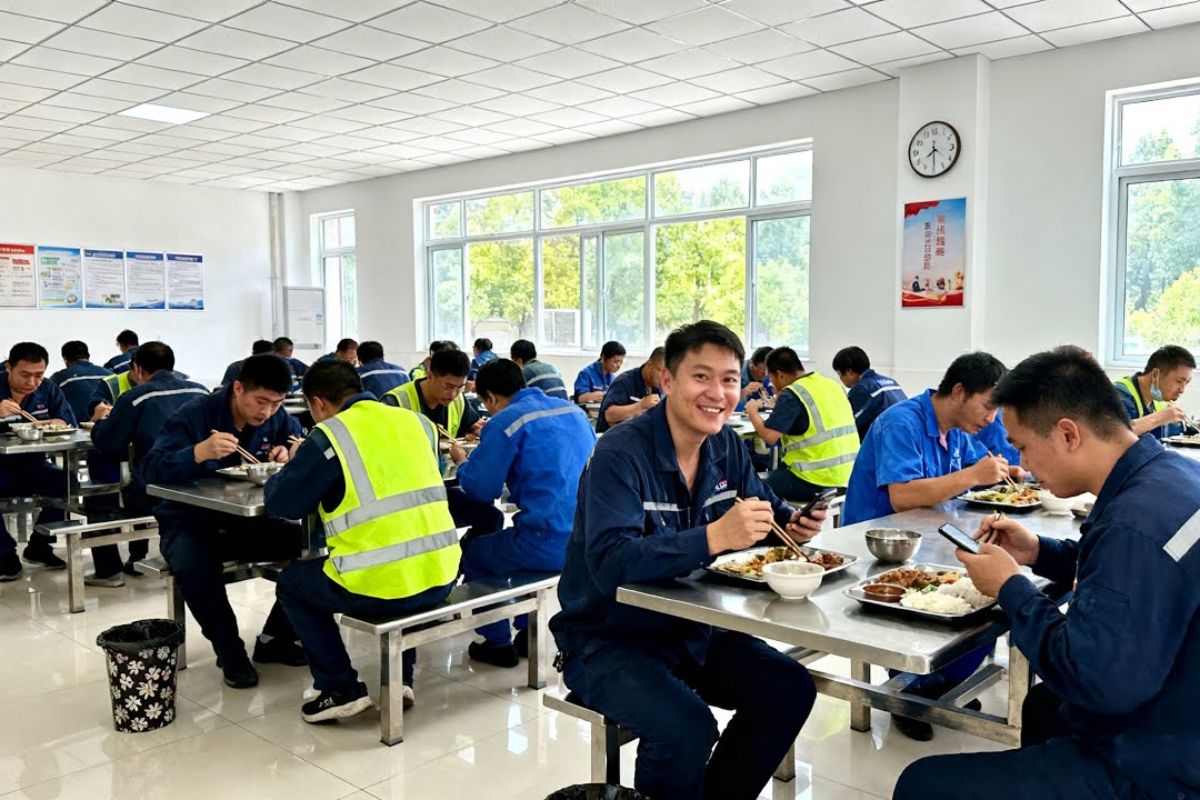 No refeitório da fábrica chinesa, bandejas de metal entregam almoço quente com macarrão no vapor, frango Kung Pao e rotina intensa de produção para centenas de operários.