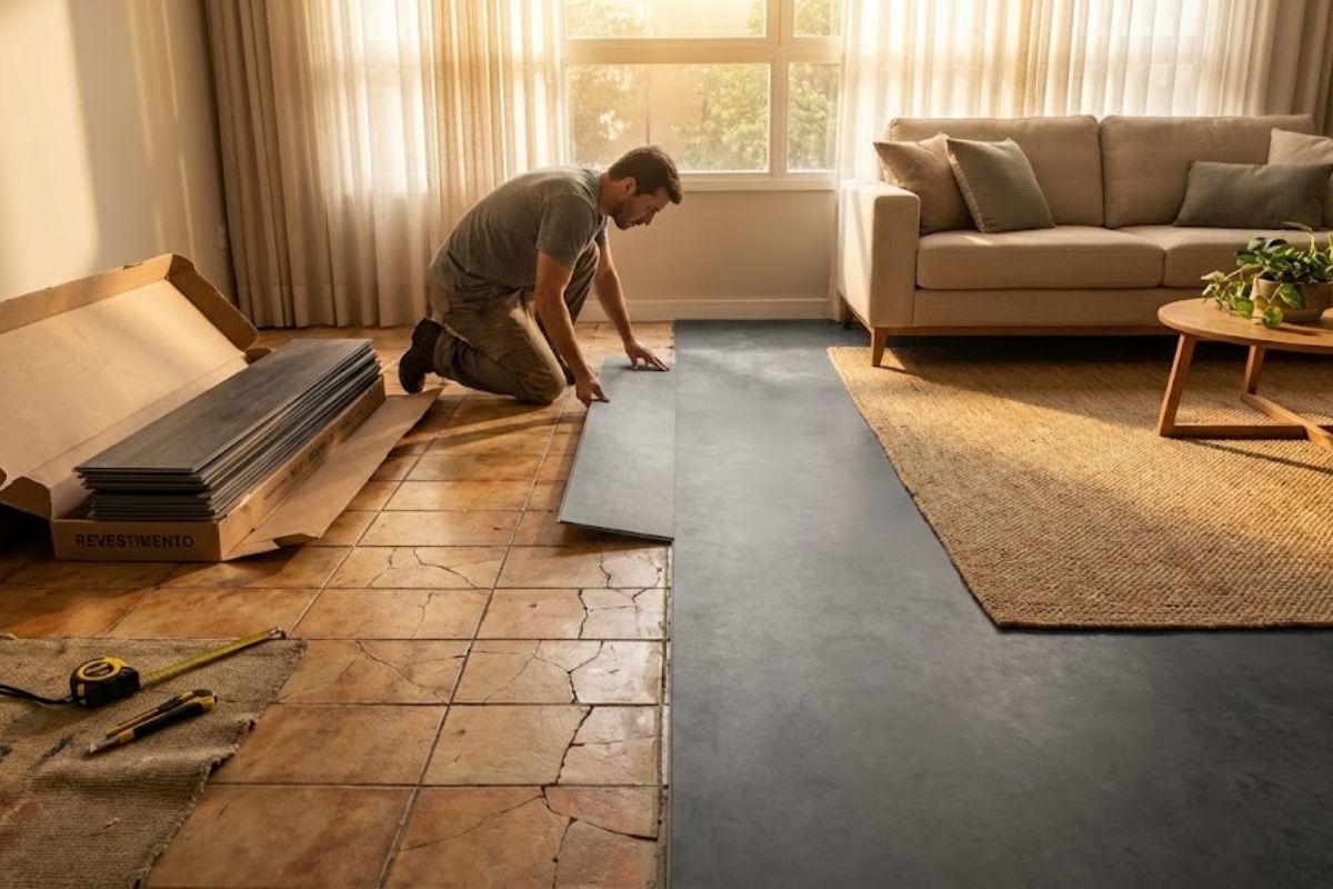 Novo piso superbarato em piso vinílico que imita cimento queimado moderniza reformas, renova decoração e cria ambientes com instalação simples e baixo custo.