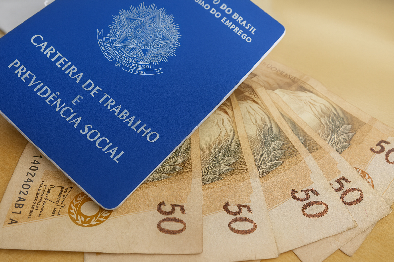 Carteira de Trabalho sobre notas de cinquenta reais representando o pagamento do décimo terceiro salário garantido ao trabalhador brasileiro.