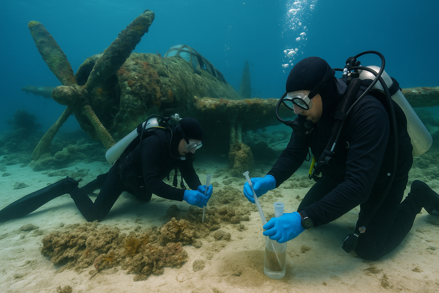 Mergulhadores coletam sedimentos ao lado do avião Grumman TBF Avenger naufragado em Saipan para análise de DNA ambiental usado na identificação de militares desaparecidos.