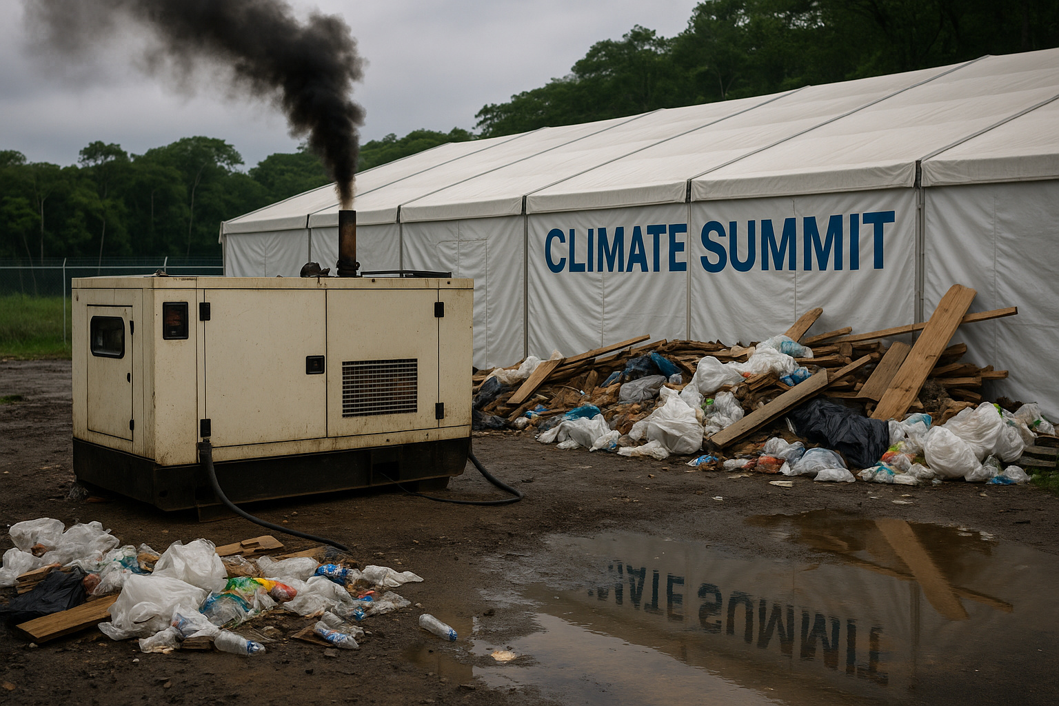 Gerador a diesel emitindo fumaça preta ao lado de estrutura de evento climático, com pilhas de lixo e madeira molhada após chuva em Belém durante a COP30.