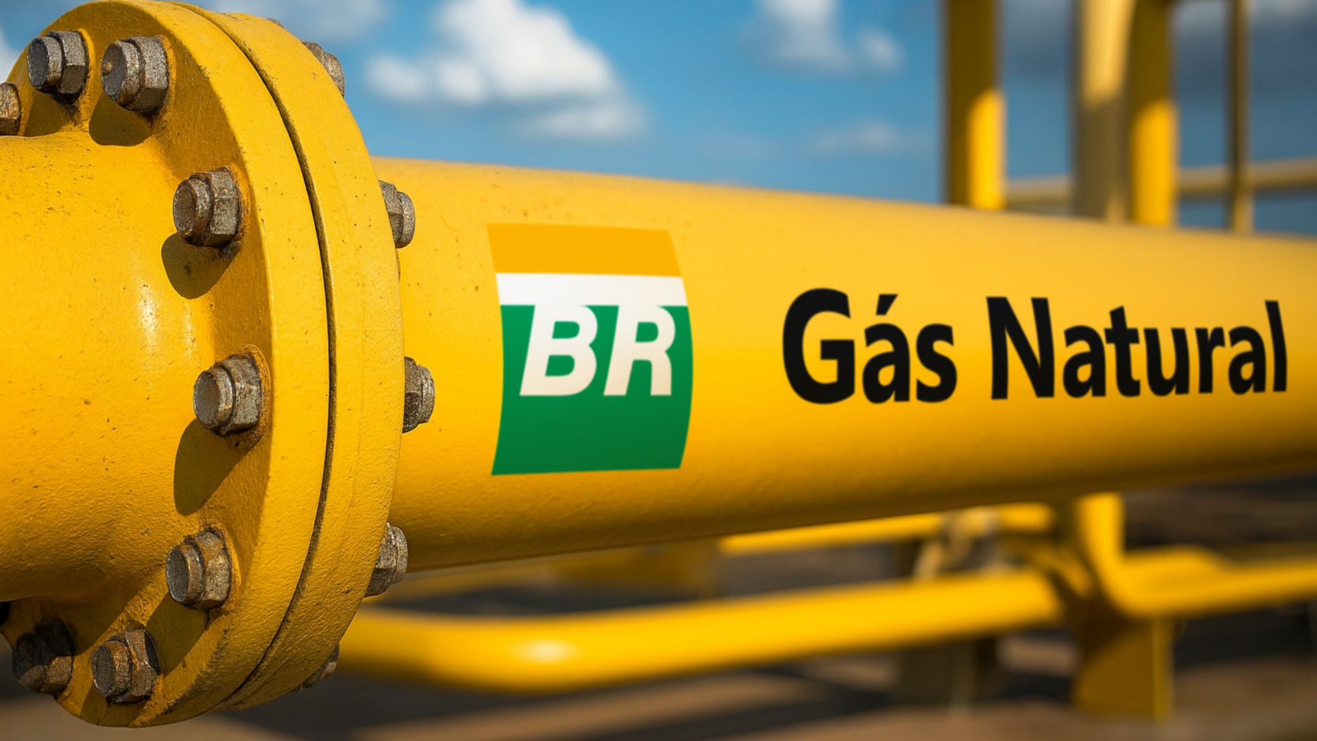 Tubo industrial amarelo com a marca “BR Gás Natural”, parte da infraestrutura de transporte de gás natural da Petrobras