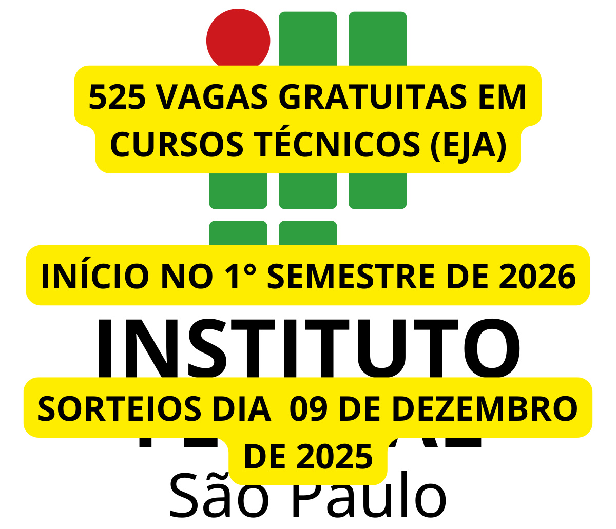 Imagem informativa do IFSP destacando 525 vagas gratuitas em cursos técnicos EJA, início no 1º semestre de 2026 e sorteio em 9 de dezembro de 2025.