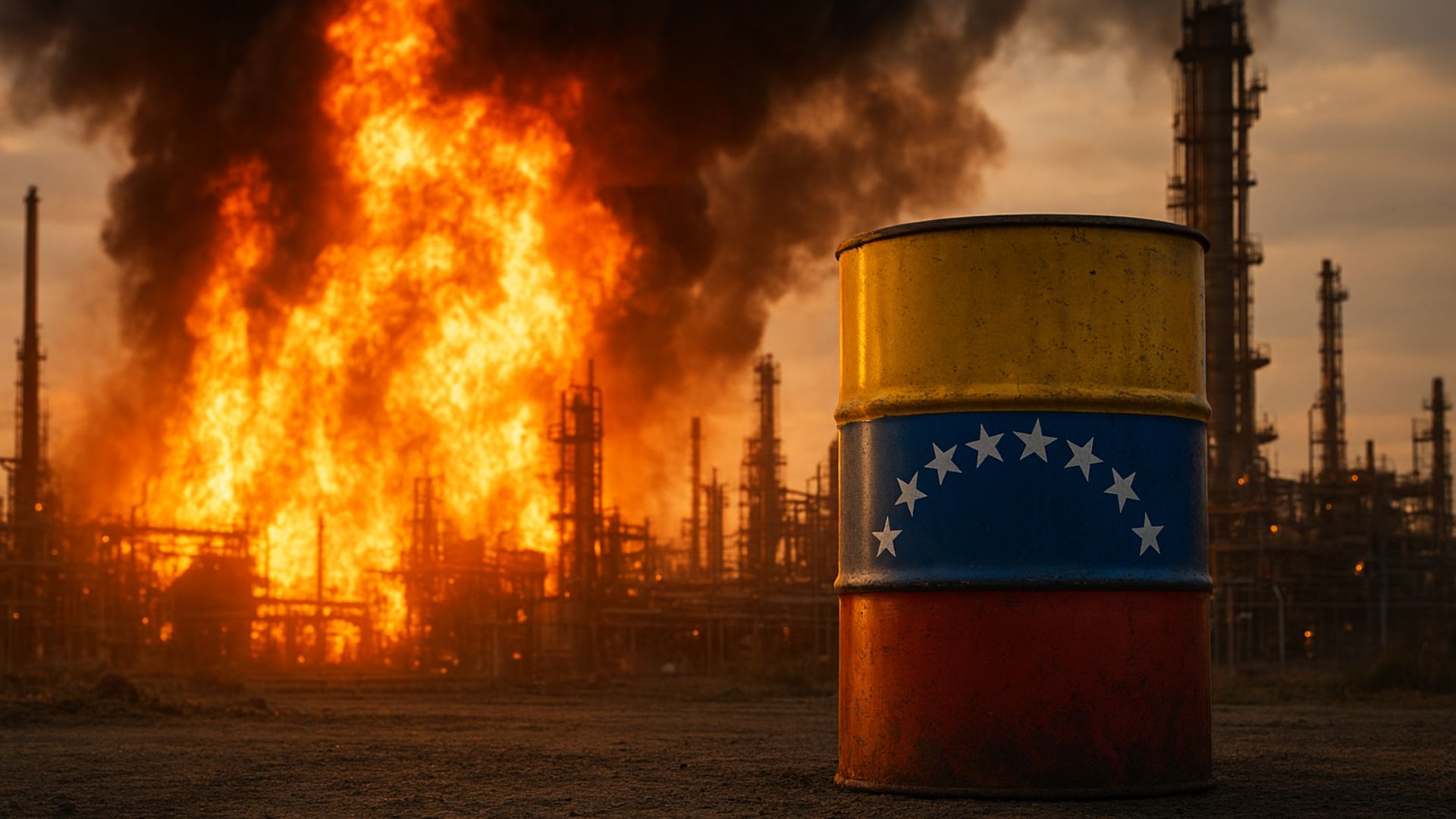 Barril de petróleo com a bandeira da Venezuela em primeiro plano, com a refinaria Petrocedeno em chamas ao fundo, sob céu escurecido por fumaça