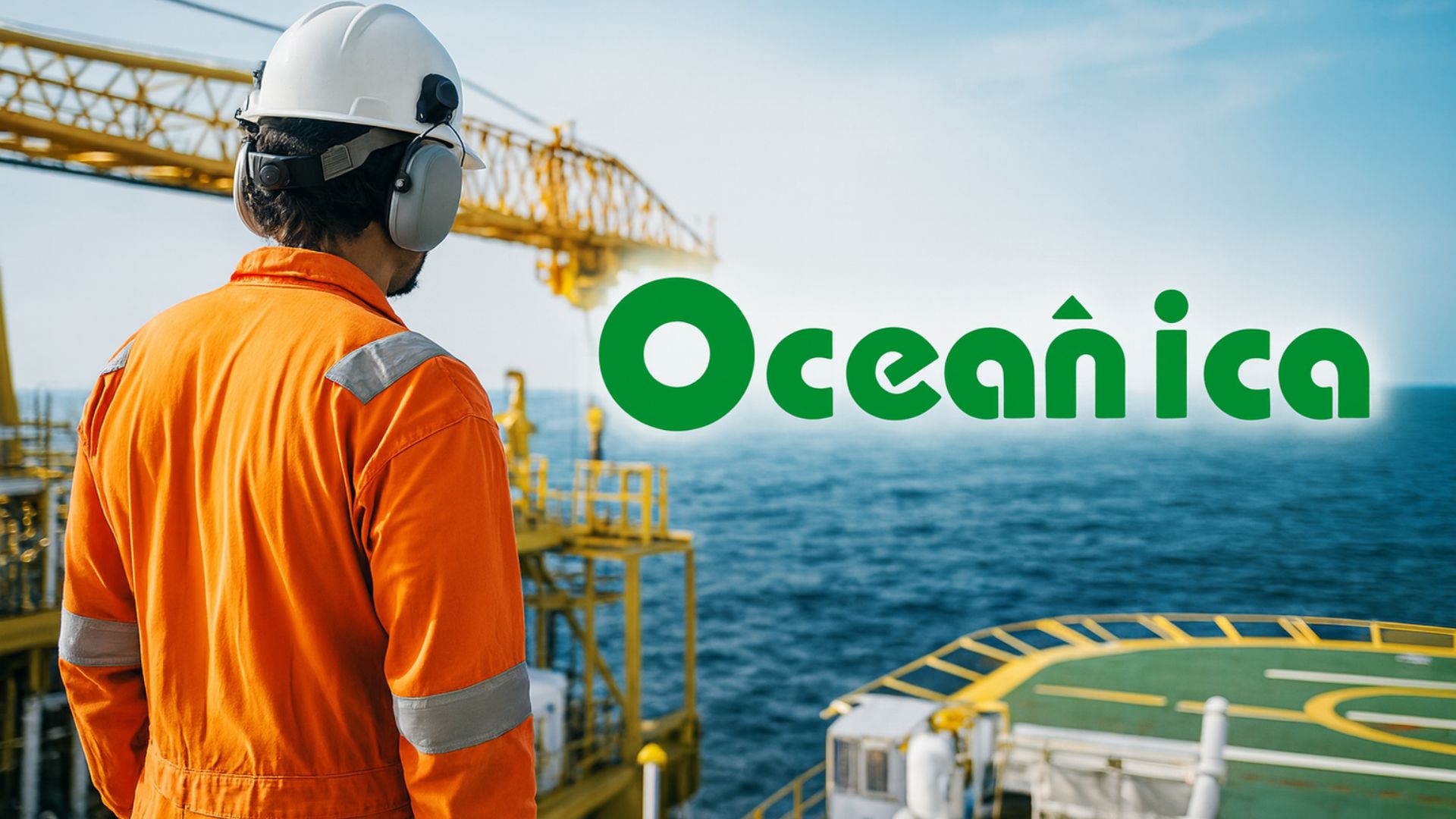 Trabalhador offshore de uniforme laranja observando a plataforma em alto-mar com o logotipo da Oceânica ao lado