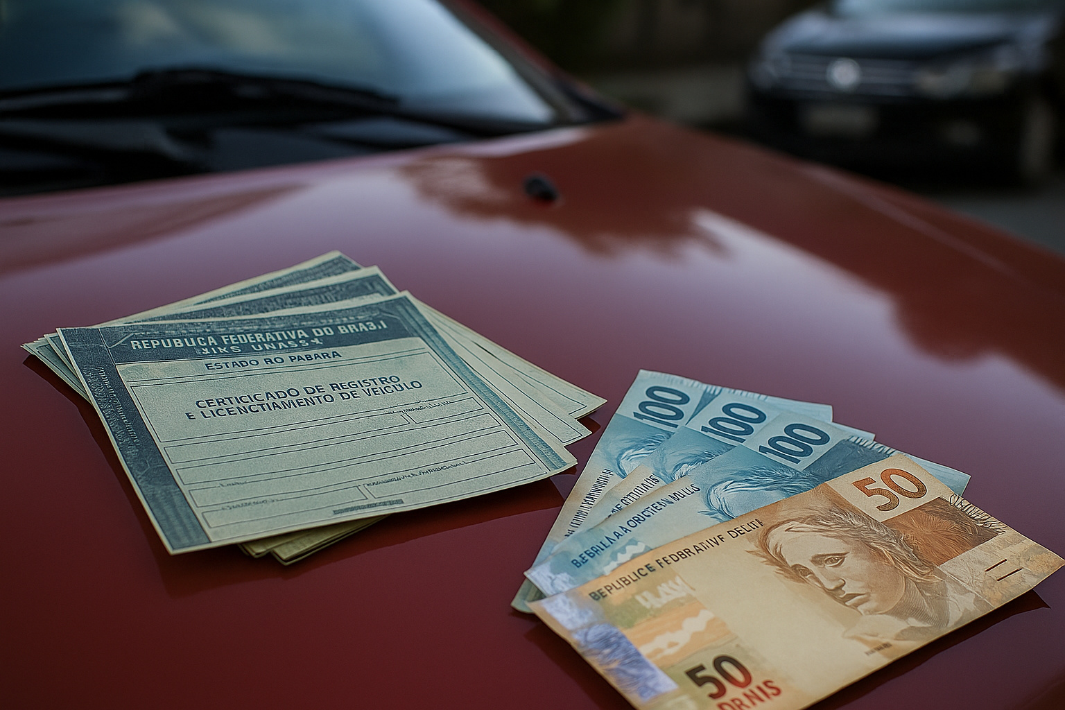 Documentos veiculares do Paraná e cédulas de reais sobre o capô de um carro, representando a redução do IPVA em 2026.