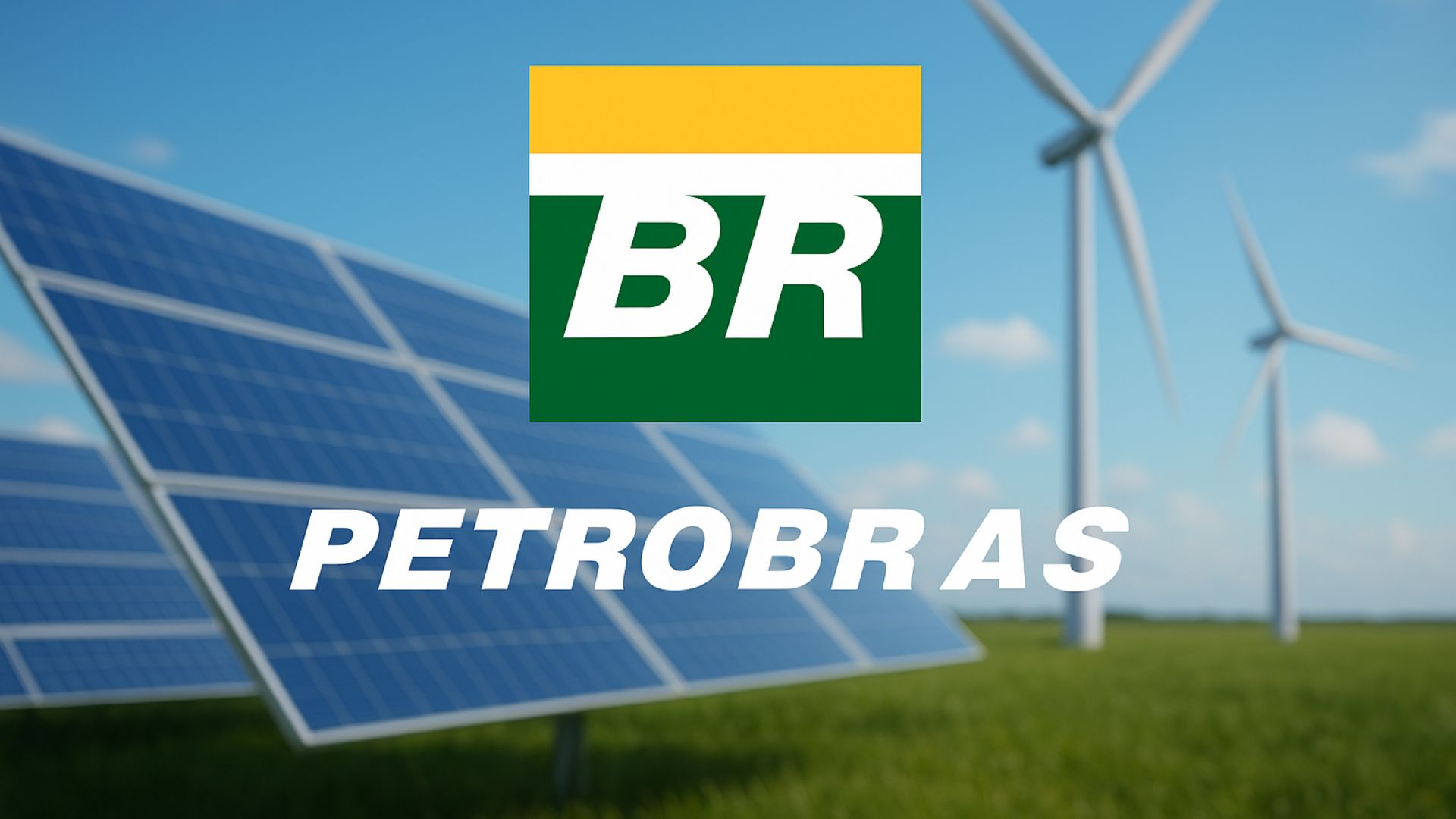 Imagem de fontes de energia sustentáveis levemente desfocadas, como painéis solares e turbinas eólicas, com o logotipo da Petrobras em destaque ao centro