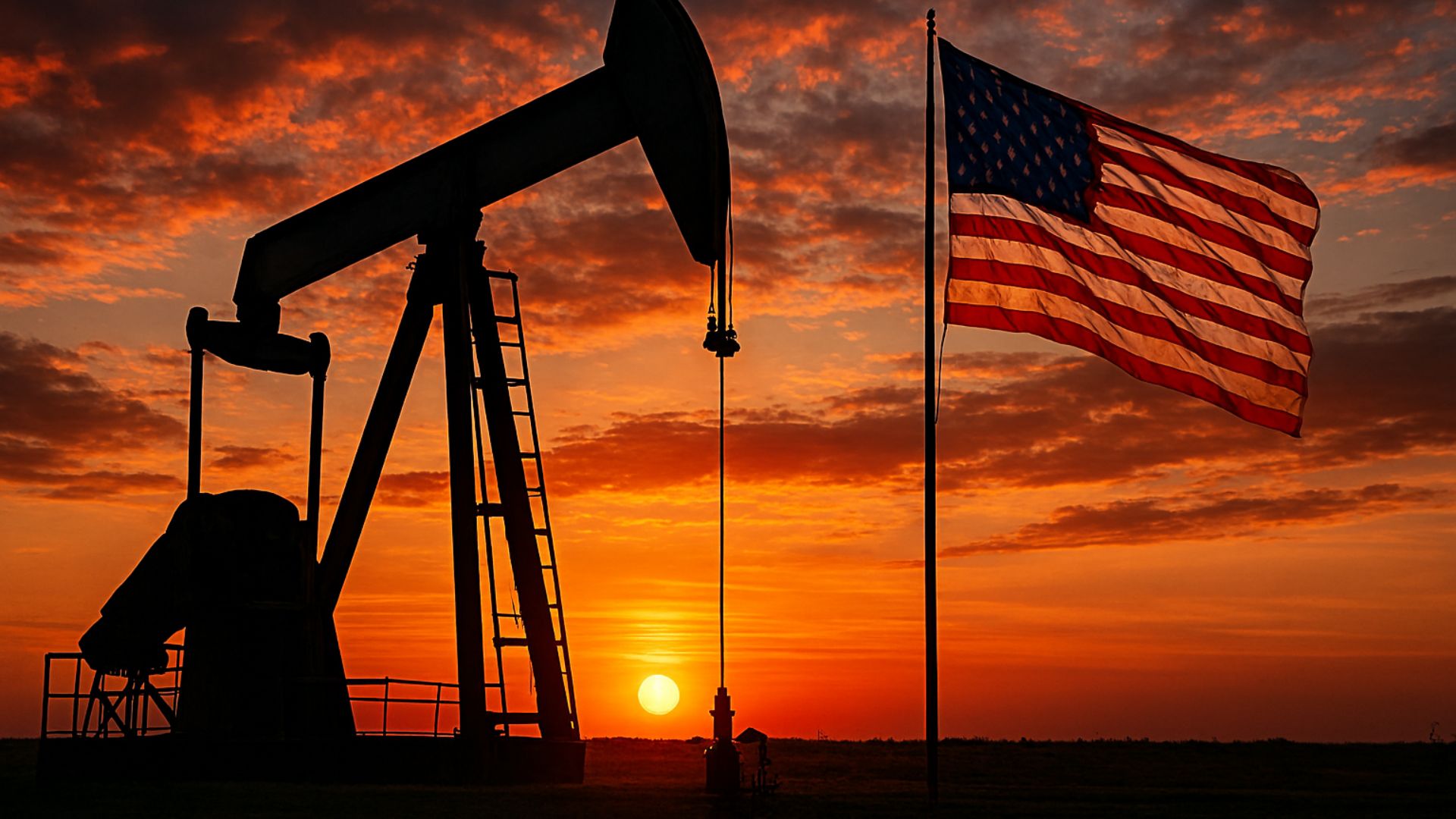 Bomba de petróleo ao pôr do sol com bandeira dos EUA balançando ao lado