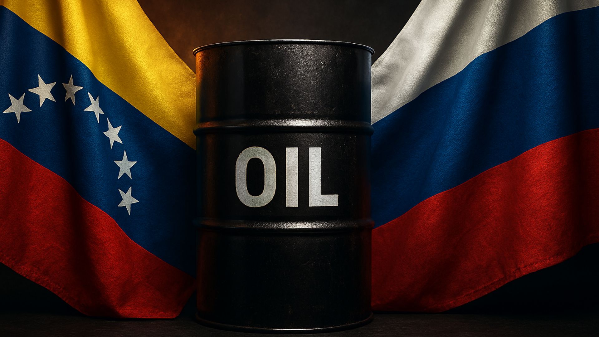 Barril de petróleo entre as bandeiras da Venezuela e da Rússia, simbolizando parceria energética estratégica