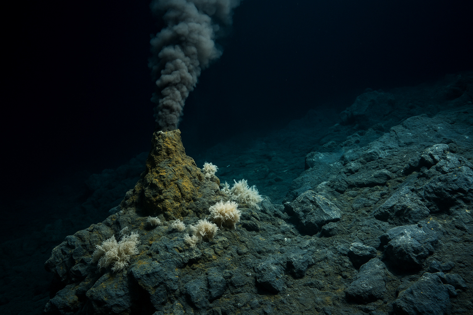Vulcão submarino ativo liberando pluma hidrotermal entre rochas escuras e colônias microbianas no fundo do oceano.