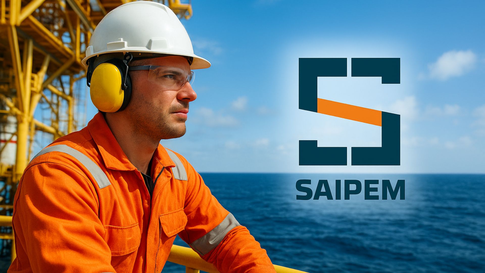 Trabalhador offshore com uniforme laranja e EPI em plataforma marítima, com o logotipo da Saipem ao fundo