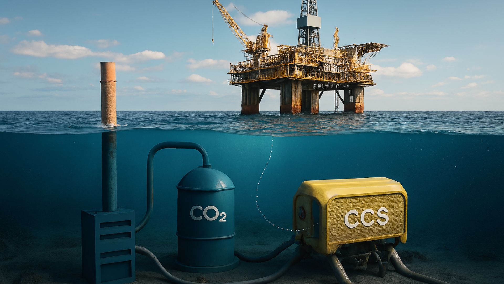 Plataforma de petróleo offshore com sistema de captura e armazenamento de carbono submarino em operação no oceano