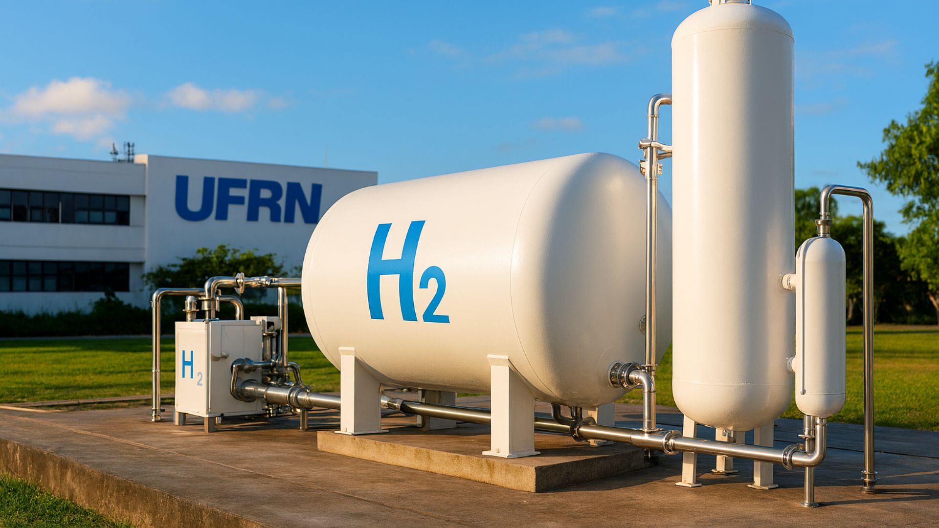 Instalação de hidrogênio verde com tanques e tubulações em frente ao prédio da UFRN, representando inovação em energia renovável