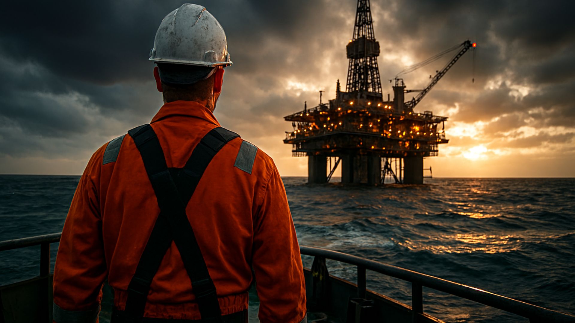 Trabalhador offshore observando uma plataforma de petróleo iluminada ao pôr do sol no meio do oceano.