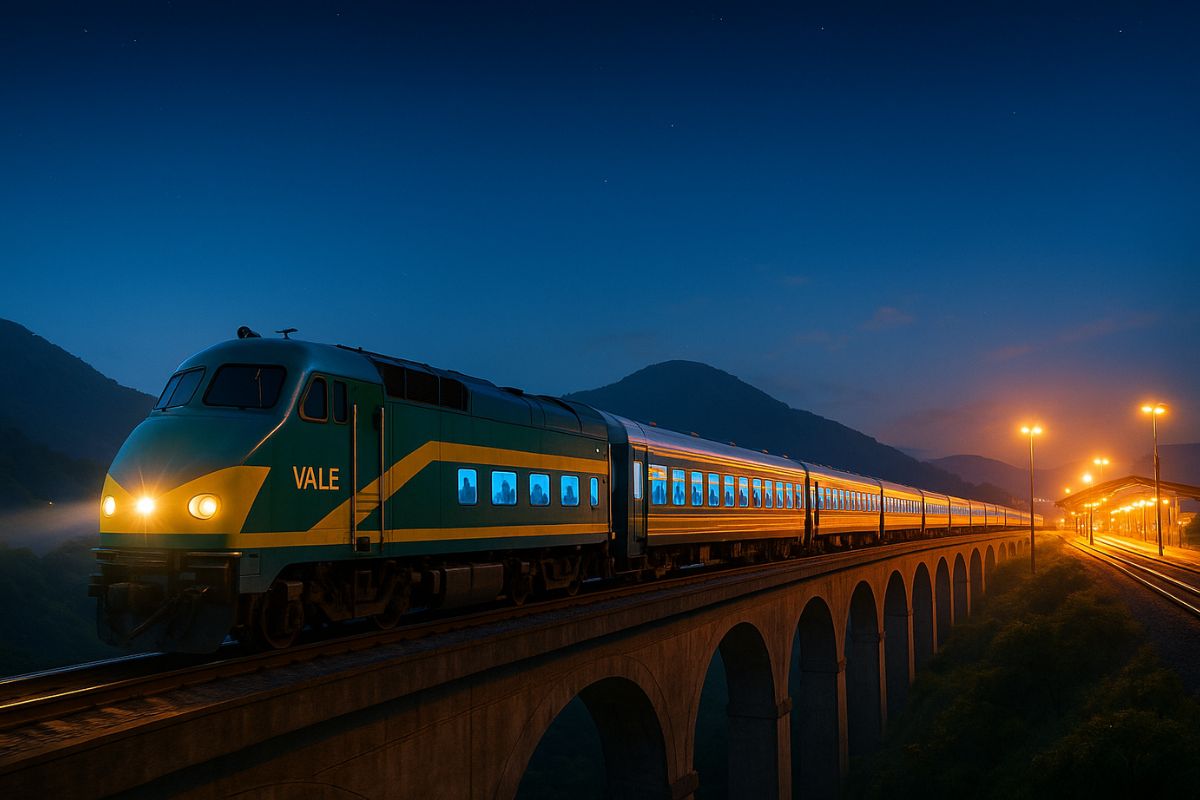 O primeiro trem noturno da Vale na Estrada de Ferro Vitória a Minas liga Belo Horizonte a Cariacica, com trem climatizado e operação especial em férias.